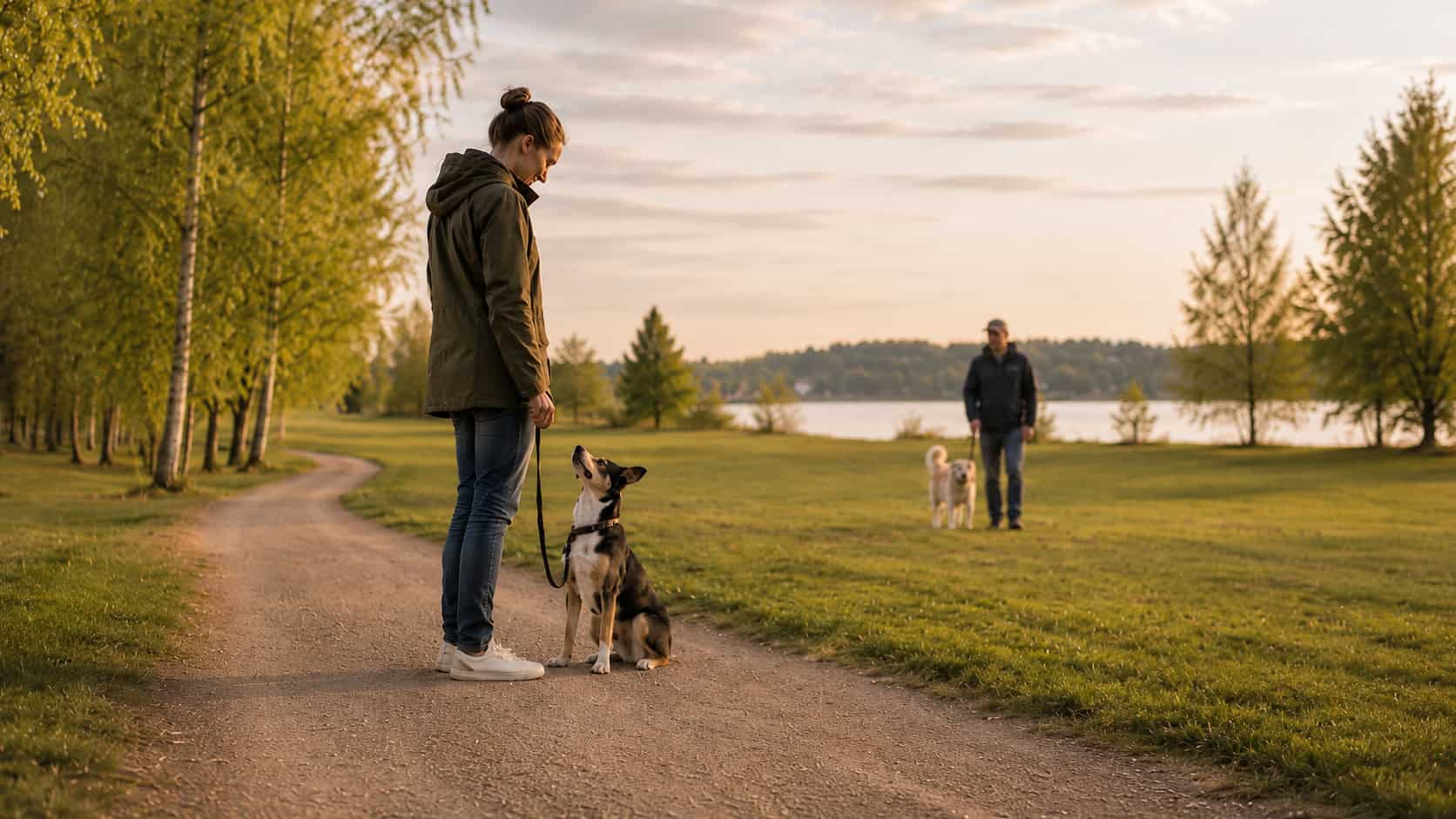 Sladretrening hund – hund ser opp på eier mens en annen hund er synlig i bakgrunnen
